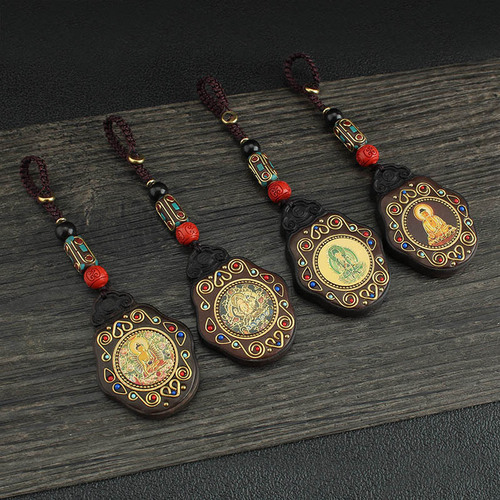 National Style Black Rosewood Thangka Car Keychain Handmade Eight Guardians Twelve Zodiac Key Hook Peace Charm