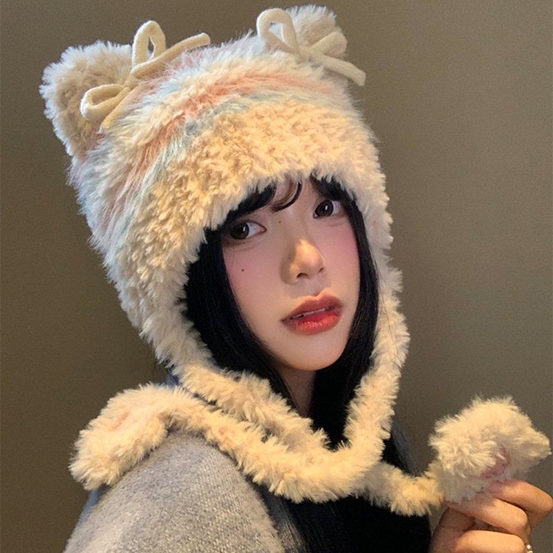 蝴蝶结猫耳朵毛绒帽女秋冬季条纹护耳针织帽显脸小保暖毛线帽子|undefined