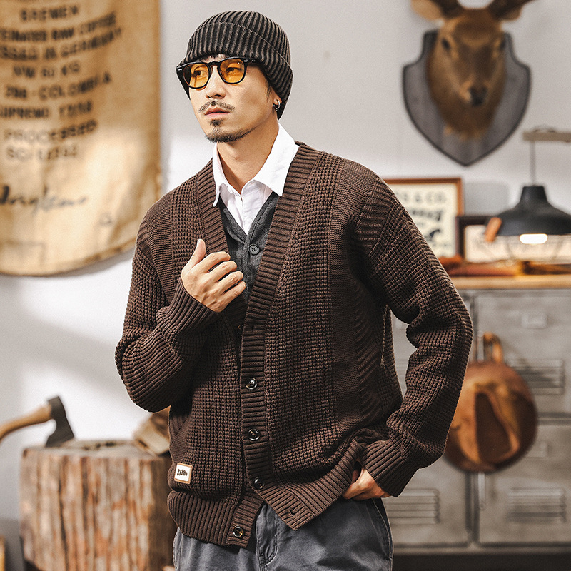 American Retro 810g Heavy Cardigan Sweater Men's Winter Thickened Fashion Brand Lazy Style V-Neck Sweater Men's Jacket