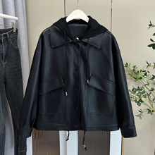 大码女装秋季新款韩版220斤宽松连帽大口袋皮衣胖妹妹外套8085