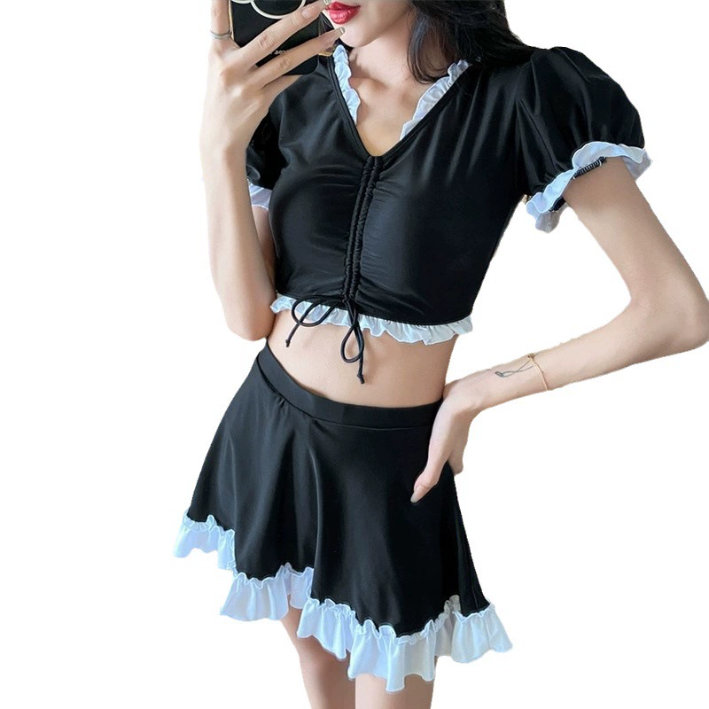 Women's Two-Piece V-Neck Swimsuit Skirt, College Style, 2–10 Size Range, Black & B/W Options