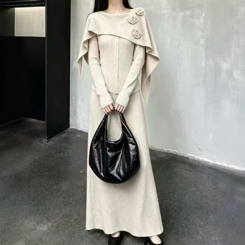 French-style cape elegant temperament knitted dress set for women, 2026 autumn and winter new three-dimensional fashion shawl long dress French-style cape elegant temperament knitted dress set for women, 2026 autumn and winter new three-dimensional fashion shawl long dress