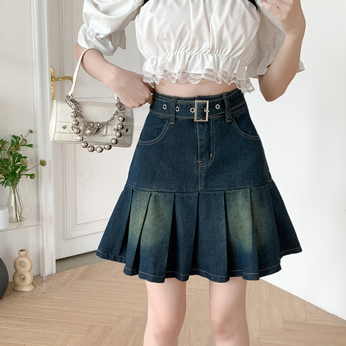 Blue jeans ruffles pleated skirts ffor women girls short mini skirt Pleated Mini Skirts for girls