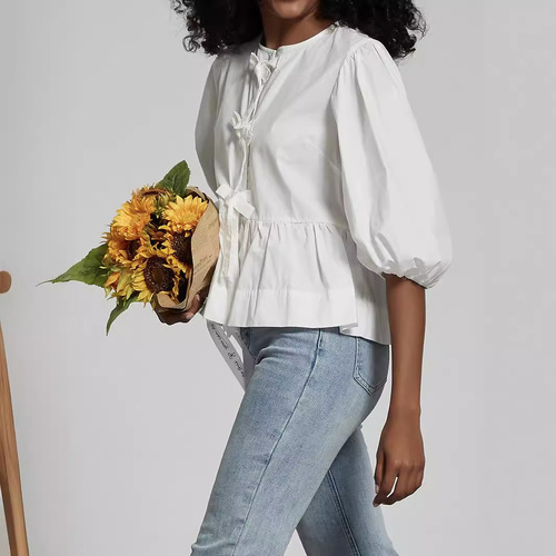 Cross-border Women's Wholesale Pastoral Style Fresh Butterfly Bow Tie White Shirt Spring and Summer 5/8 Puffed Sleeve Top