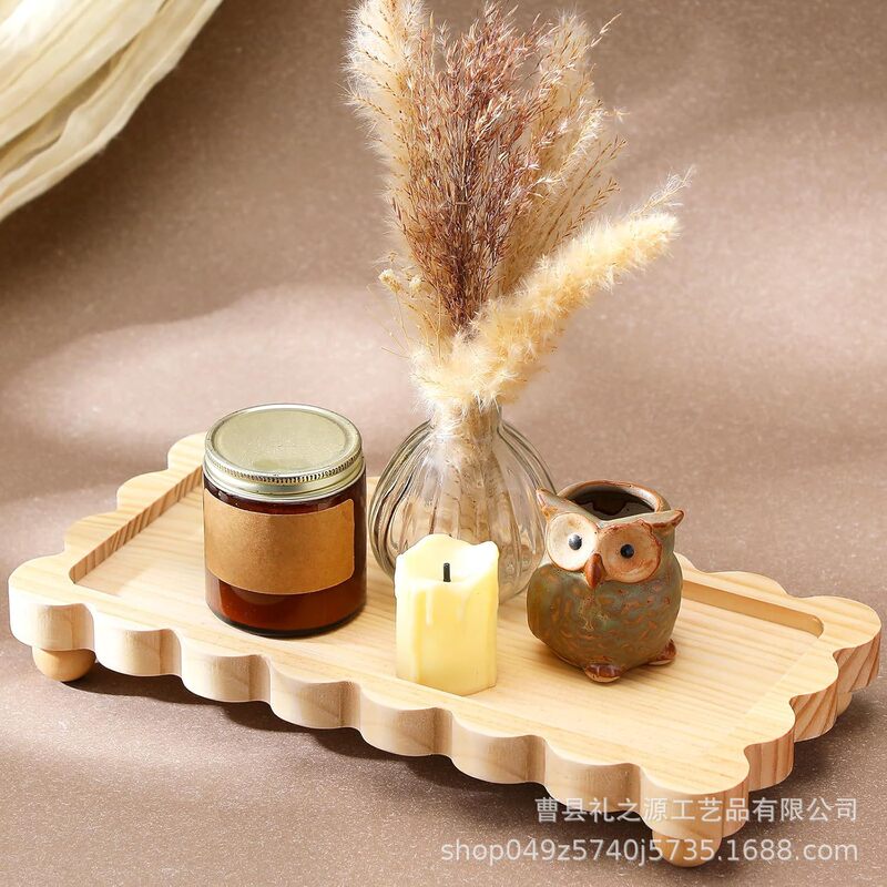 Pine Candlestick Base Decorative Tray with Scalloped Edges Wooden Rectangular Nightstand Dresser Jewelry Serving Tray