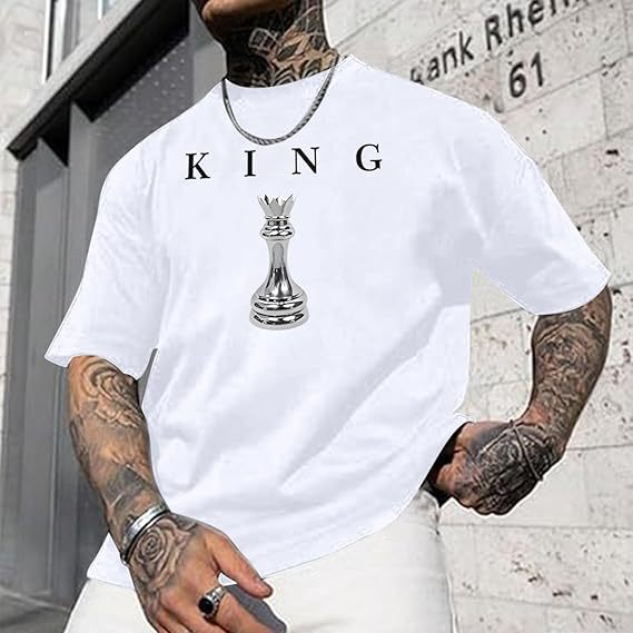 Chess King Printed Short-sleeved T-shirt, European And American Street Style Loose Crew Neck Top_viptrois.com
