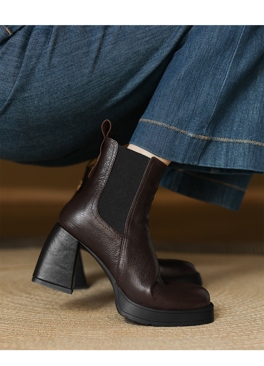 Boot Chelsea cổ ngắn mũi vuông da dê mềm, gót dày platform, phong cách cổ điển, dáng slip-on thu đông — nhung đen, Nhung nâu, Lớp lót đơn màu đen, Lớp lót đơn màu nâu chi tiết 11