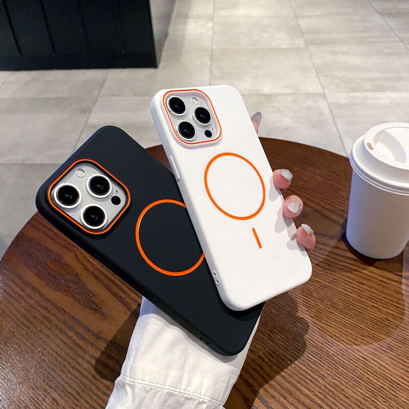 Suitable for Apple 16Promax Contrasting Color Thin Circle Magnetic Phone Case Iphone15Pro Oil-Dropping Skin-Feel Tpu Soft Case