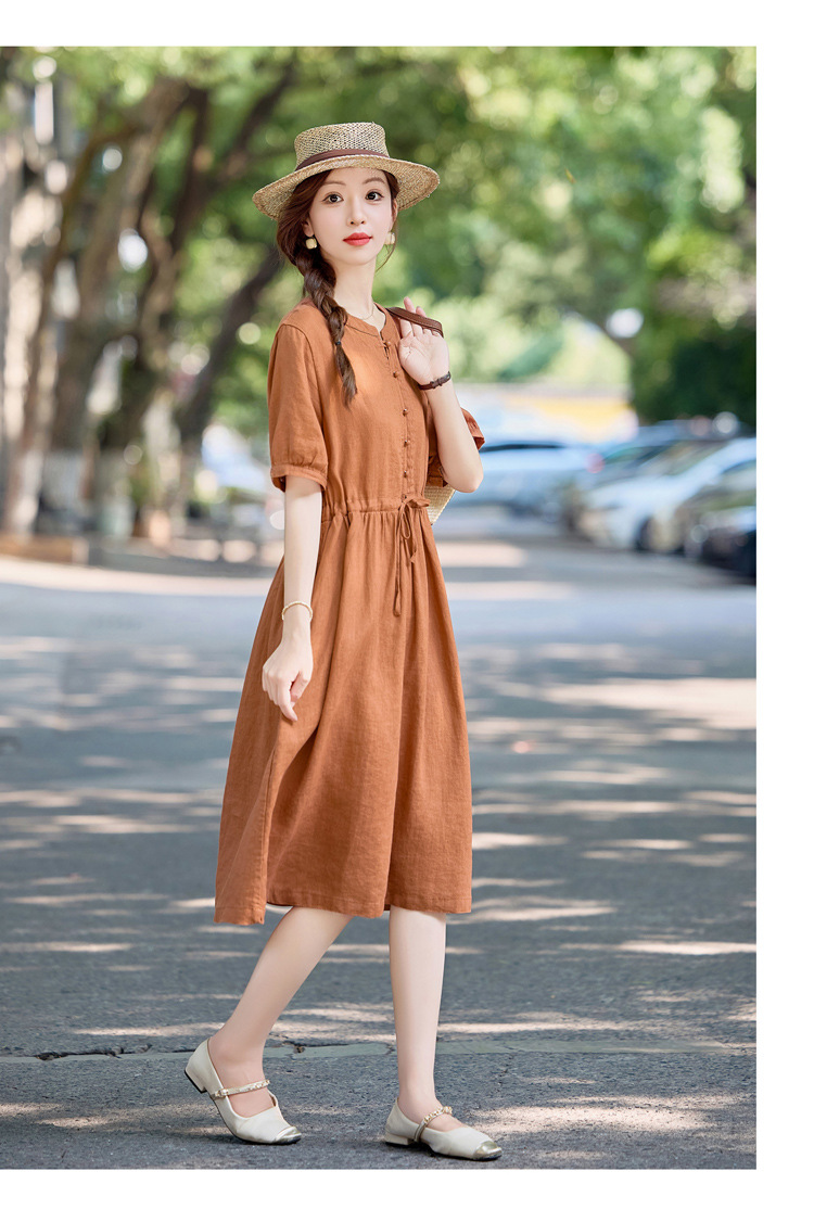 Đầm maxi nữ thắt eo cotton linen 2025 form rộng thanh lịch — màu sắc, Xanh lông mòng đen chi tiết 19