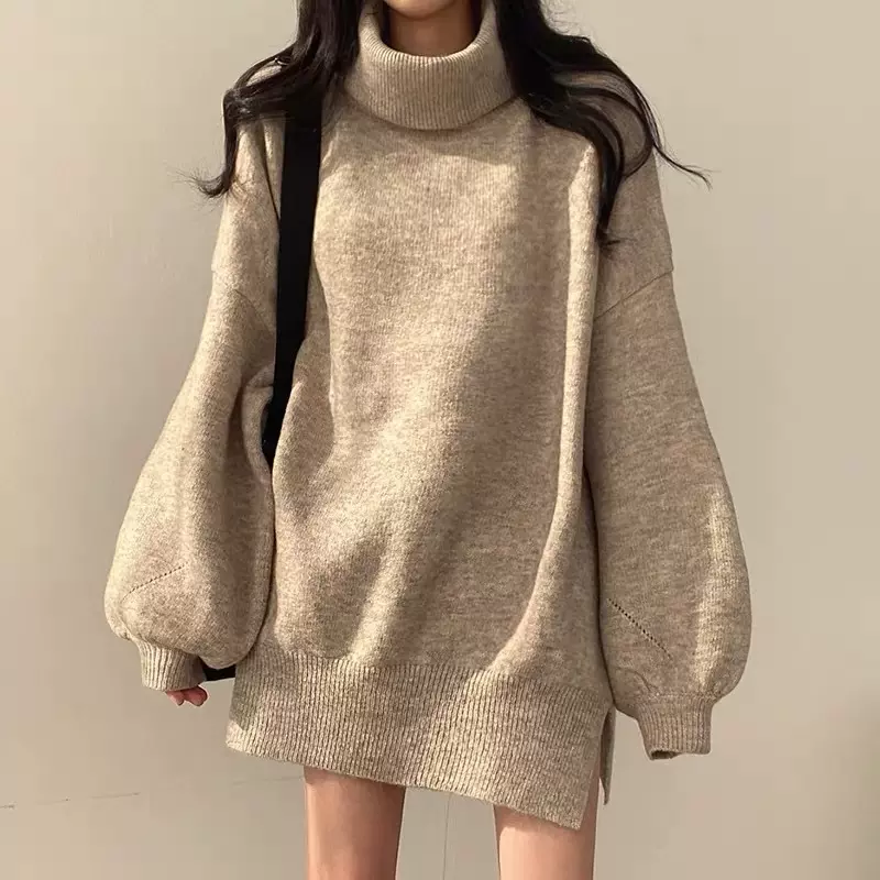 2025新款高级感针织衫毛衣女秋冬季软糯慵懒风高领中长款开叉上衣