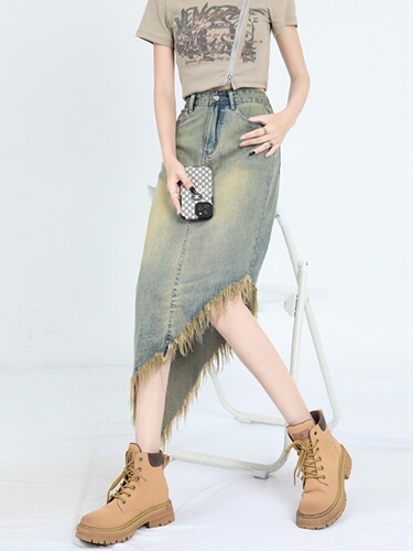 Retro high-waisted A-line denim skirt skirt for women summer irregular design long skirt for small people tassel skirt