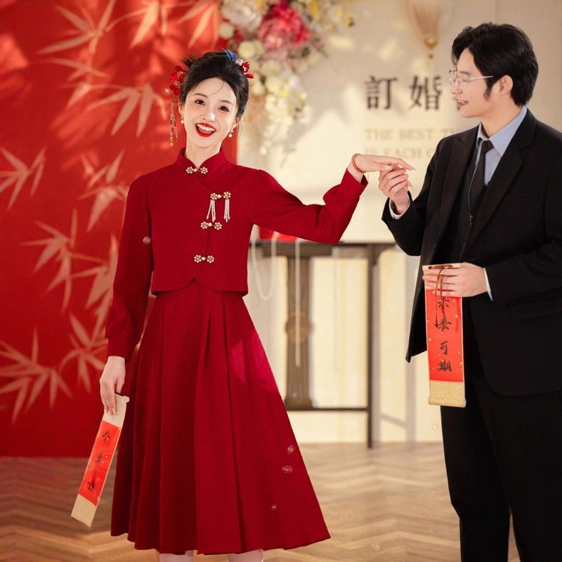 新中式旗袍敬酒服新娘红色回门连衣裙订婚礼服秋冬季长袖结婚便装|undefined
