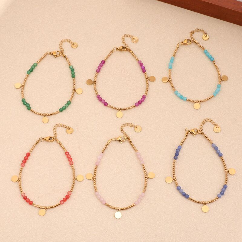 French color handmade bead hanging exquisite small disc fashion jewelry 18K gold plated stainless steel natural stone bracelet French color handmade bead hanging exquisite small disc fashion jewelry 18K gold plated stainless steel natural stone bracelet