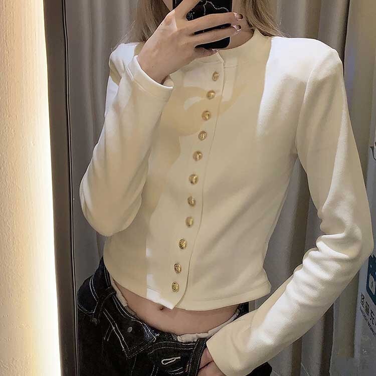 Autumn Korean style metal buckle French style niche long sleeve women's autumn and winter slim fit fashionable high-end short bottoming shirt top Autumn Korean style metal buckle French style niche long sleeve women's autumn and winter slim fit fashionable high-end short bottoming shirt top
