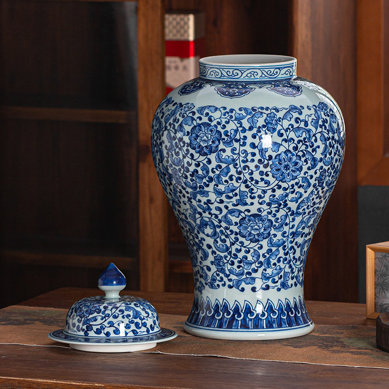 景德镇纯手绘缠枝莲落地大将军罐仿古陶瓷摆件瓶内上釉高档花瓶