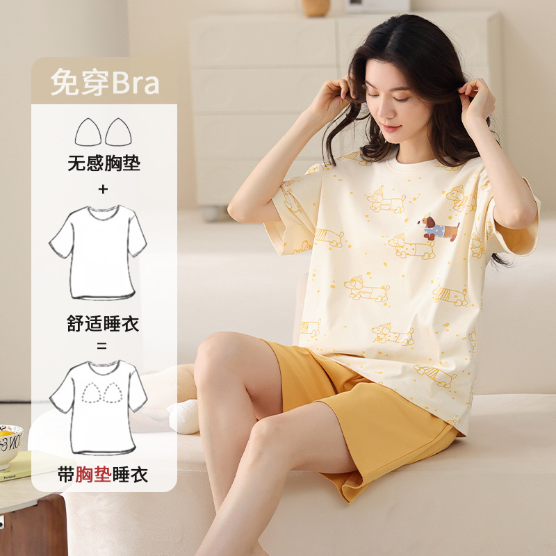Comes with Chest Pad Pure Cotton Pajamas Summer Women's Short-sleeved Shorts Casual suit Korean-style Carmable Outwear Home Clothes