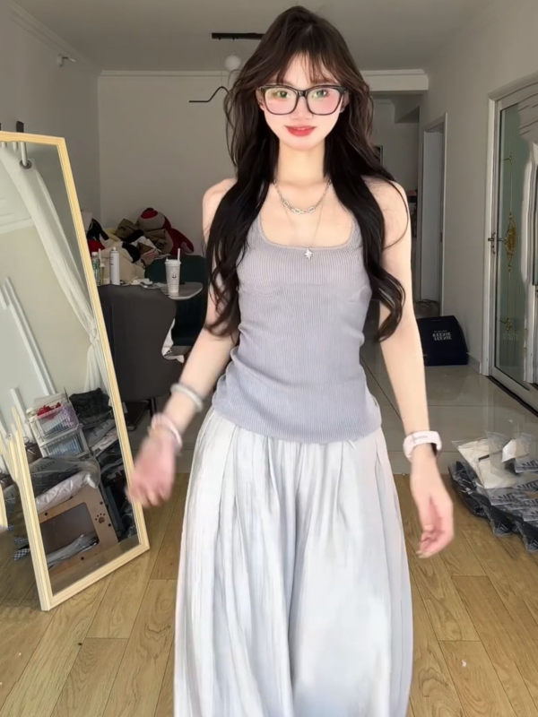 早秋新款韩系针织开衫外套女秋长袖薄款挂脖背心紫色设计感套装|undefined