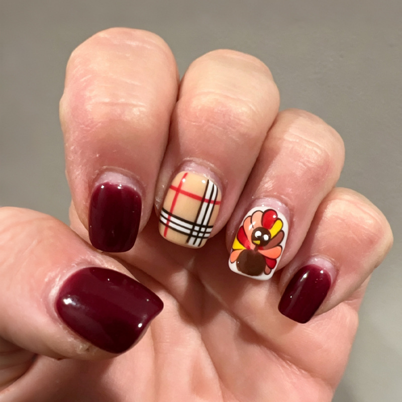 Cross-border foreign trade burgundy plaid cartoon little turkey Thanksgiving Easter press-on nails, fake nail tips wholesale Cross-border foreign trade burgundy plaid cartoon little turkey Thanksgiving Easter press-on nails, fake nail tips wholesale