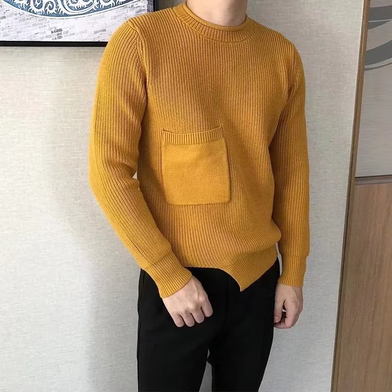 2024复古风休闲个性加厚粗针毛线衣时尚设计感下摆缺口毛衣男冬季