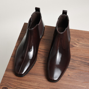 2024 New British Style Square Head High-top Bright-top Business Men's Casual Short Boots Cowhide Chelsea Boots Trendy