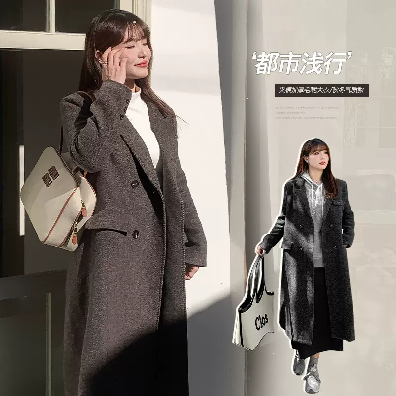 65171丨气质翻领宽松加厚毛呢外套女春季胖mm中长款显瘦呢子大衣