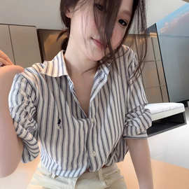 高版本RL拉夫小马标竹节棉条纹长袖衬衫女刺绣防晒衫春夏上衣休闲