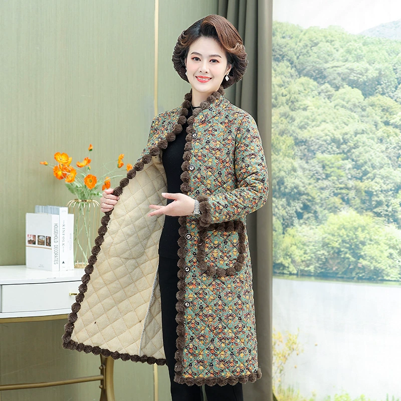 Толстая мама среднего и пожилого возраста, большие размеры, зимняя длинная кружевная плюшевая куртка с высоким воротником и хлопковой подкладкой, новая одежда для мам
