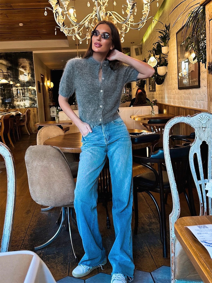 Áo cardigan dệt kim tay ngắn cổ bán cao ôm dáng phong cách retro — Màu hồng, Màu hồng cánh sen, Màu trắng, Màu tím chi tiết 17