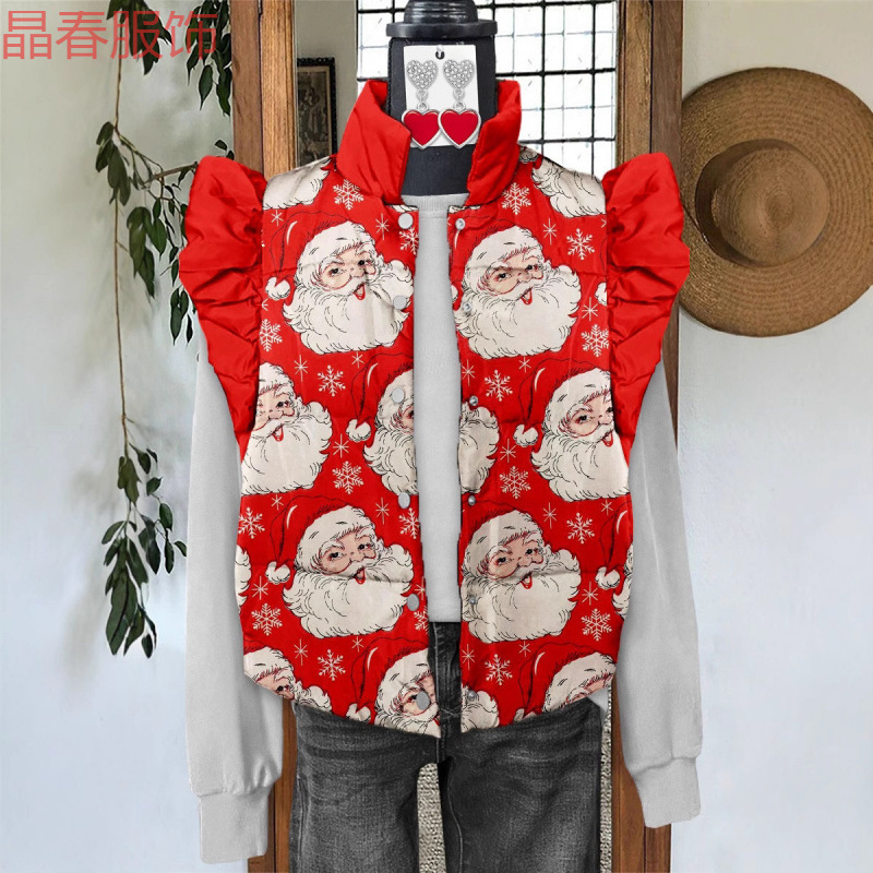 Cross-border AliExpress independent site digital print Christmas women's flutter sleeve cotton vest cotton jacket direct from manufacturer Cross-border AliExpress independent site digital print Christmas women's flutter sleeve cotton vest cotton jacket direct from manufacturer