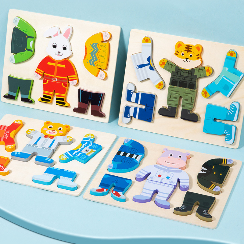 Ropa animal tridimensional para niños que cambia rompecabezas de madera apósito educativo bloques de construcción niños y niñas educación temprana juguetes educativos