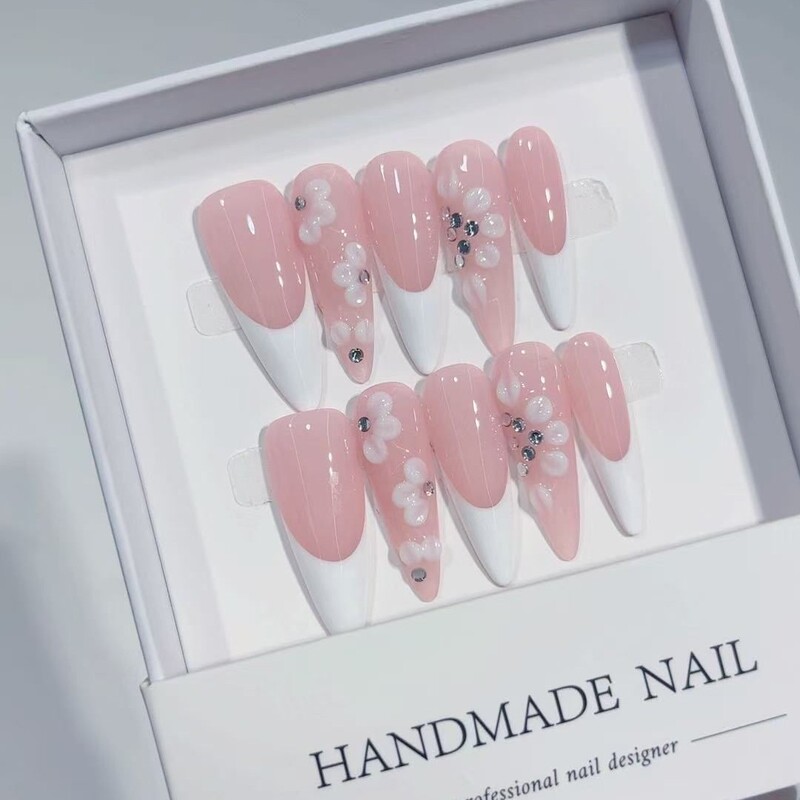 Cross-Border New European and American Popular Handmade Wearable Nails, Flower Style French Manicure, Nude Nails, Fake Nail Patches