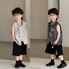 ボーイズスーツ 2025 夏の新子供の新しい中国風の竹の葉刺繍ノースリーブベストショーツ子供服ドロップシッピング