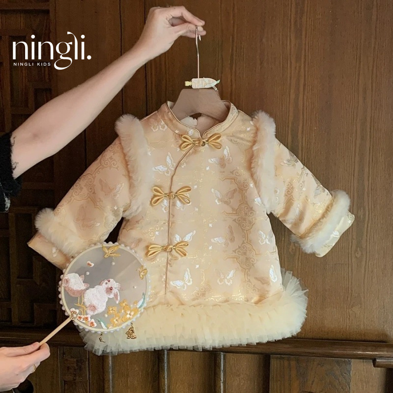 柠里女童年服新款中国风公主裙加绒加厚礼服女宝宝百搭洋气上衣潮