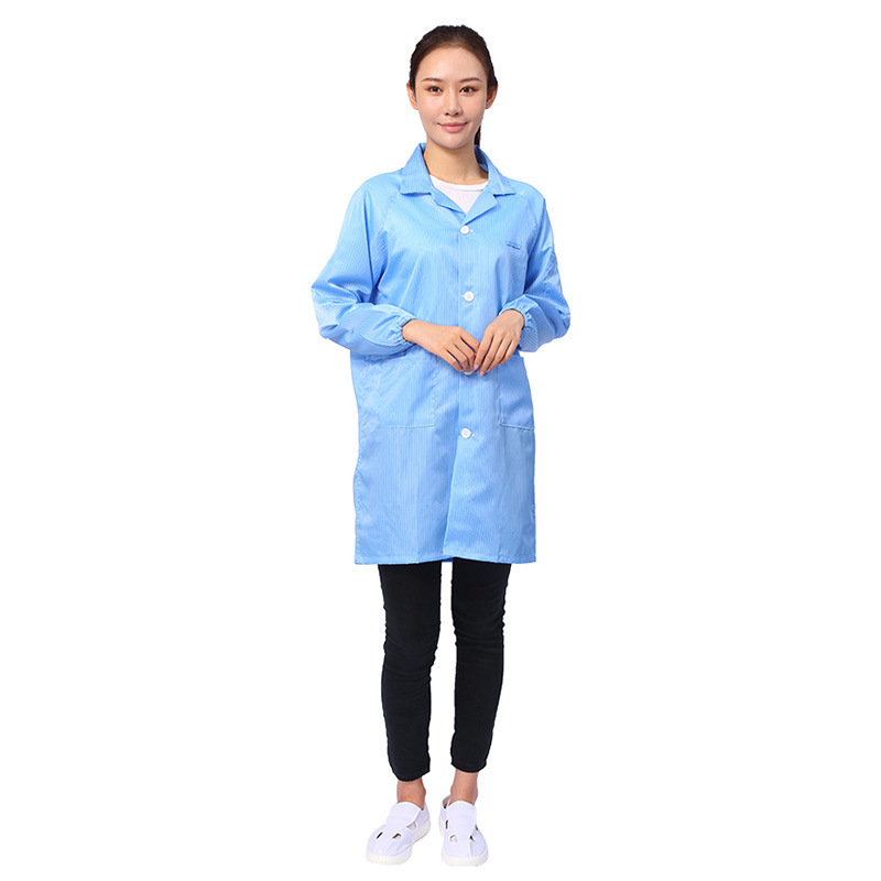 跨境无尘工厂静电服防喷漆服蓝色静电服翻领纽扣防静电有口袋大褂