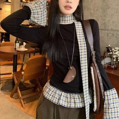 设计感假两件拼接黑色女2025秋季洋气修身显瘦辣妹长袖t恤上衣女
