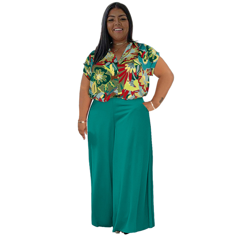 Daily Elegant Flower Spandex Polyester Printing Pants Sets Plus Size Two-piece Sets display picture 9