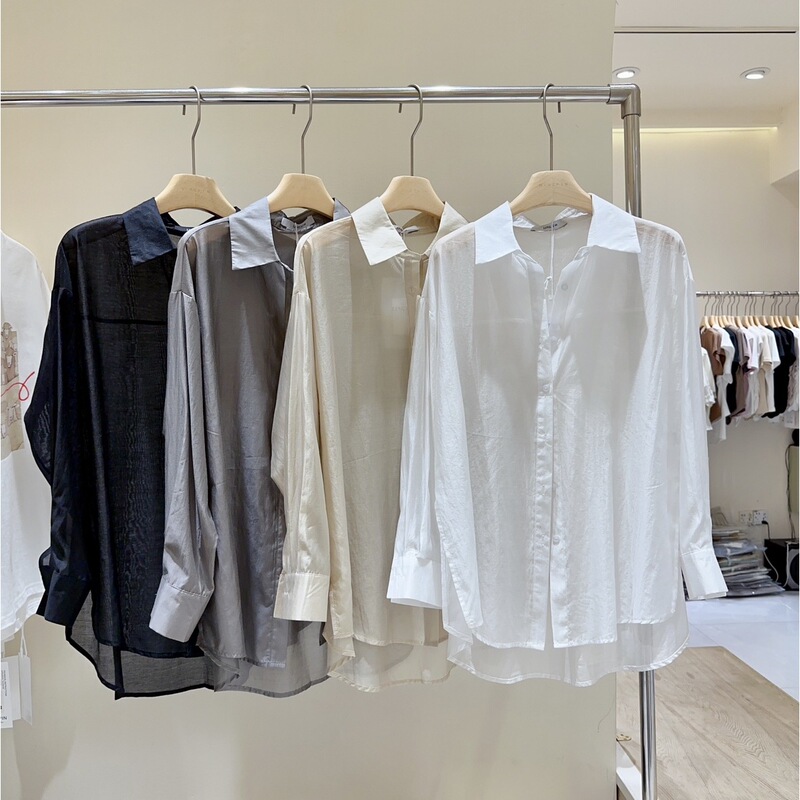 Lightweight Tencel Cotton Shirt, Simple and Elegant Solid Color Shirt for Women, Summer Sun Protection Shirt with Side Slits, Slightly See-Through Top