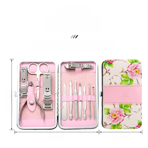 Stainless steel nail clipper set of 12 pieces, cross-border women's flower nail grooming tool set, large nail clipper set