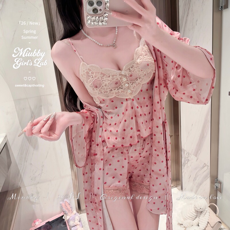 Miubby "Yan Pink Honey Whisper" Pure Desire Retro Polka Dot Lace with Chest Pads Ice Silk Camisole Robe Pajama Set