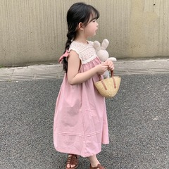 2024夏季韓國童裝女童色氣質顯白溫柔風蕾絲拼接無袖連衣裙背心裙