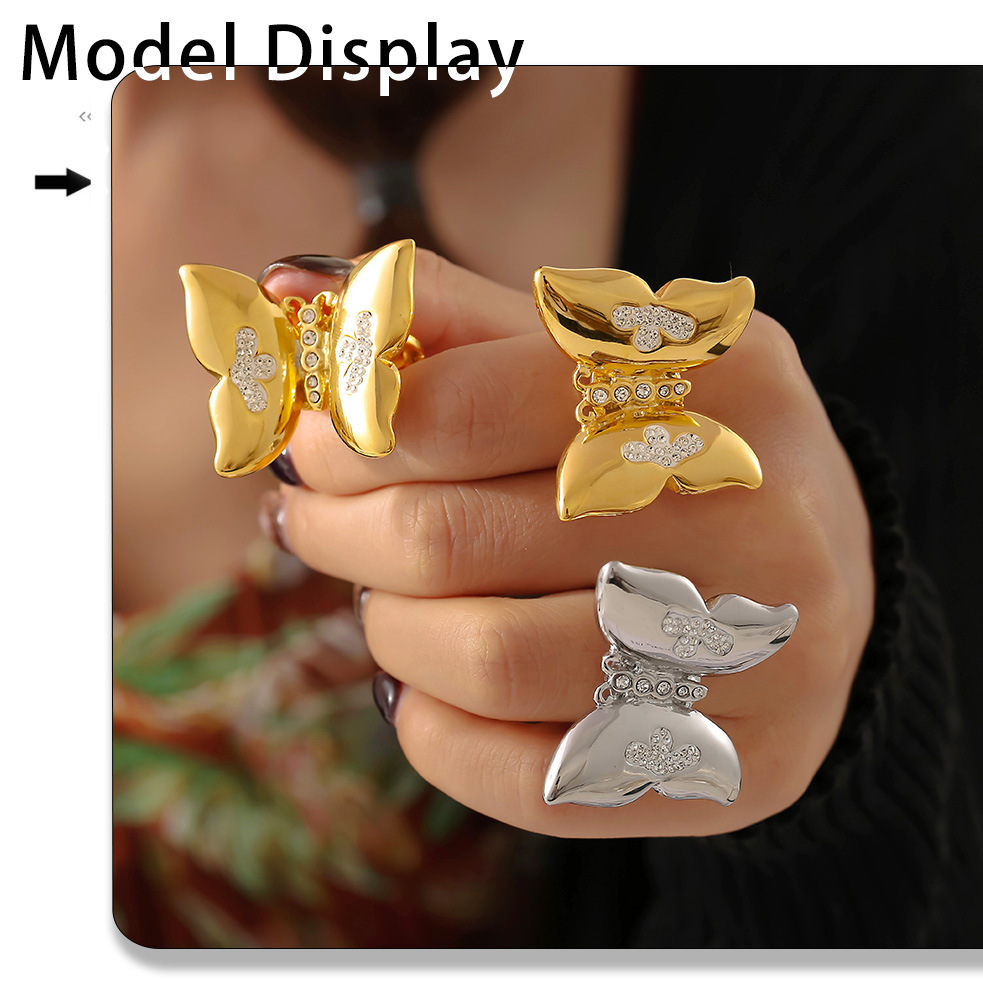 Creative Butterfly Ring Inlaid With Diamonds Stainless Steel_voghion.com