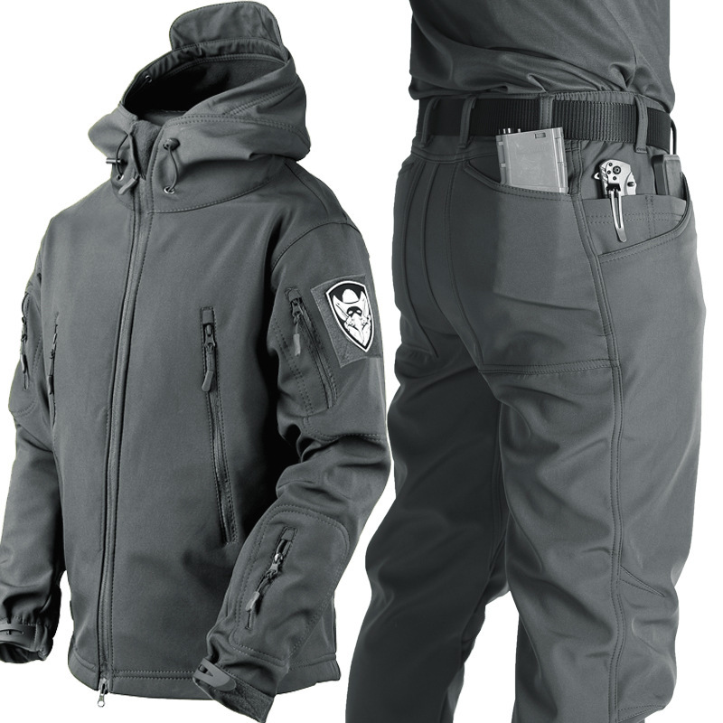 Sharkskin Cross-Border Soft Shell Jacket Suit Men's Tactical Waterproof Jacket Plus Velvet Wear-Resistant Mountaineering Suit Training Suit Shark