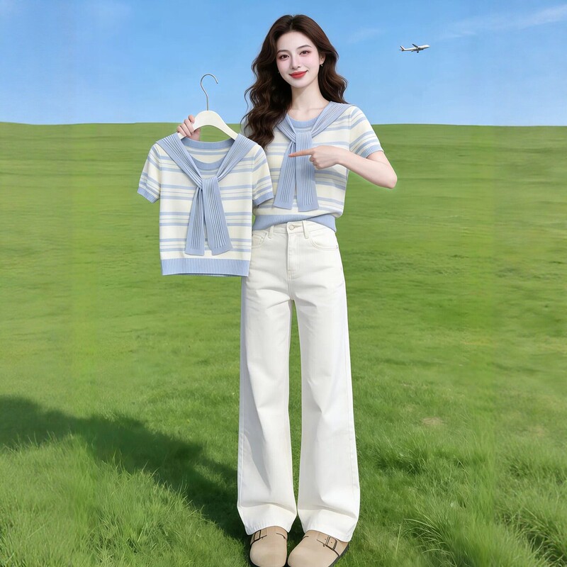 Light blue with white stripes, shawl collar, short-sleeved knitted sweater, 2026 summer unique, beautiful, gentle, and lively top for women Light blue with white stripes, shawl collar, short-sleeved knitted sweater, 2026 summer unique, beautiful, gentle, and lively top for women