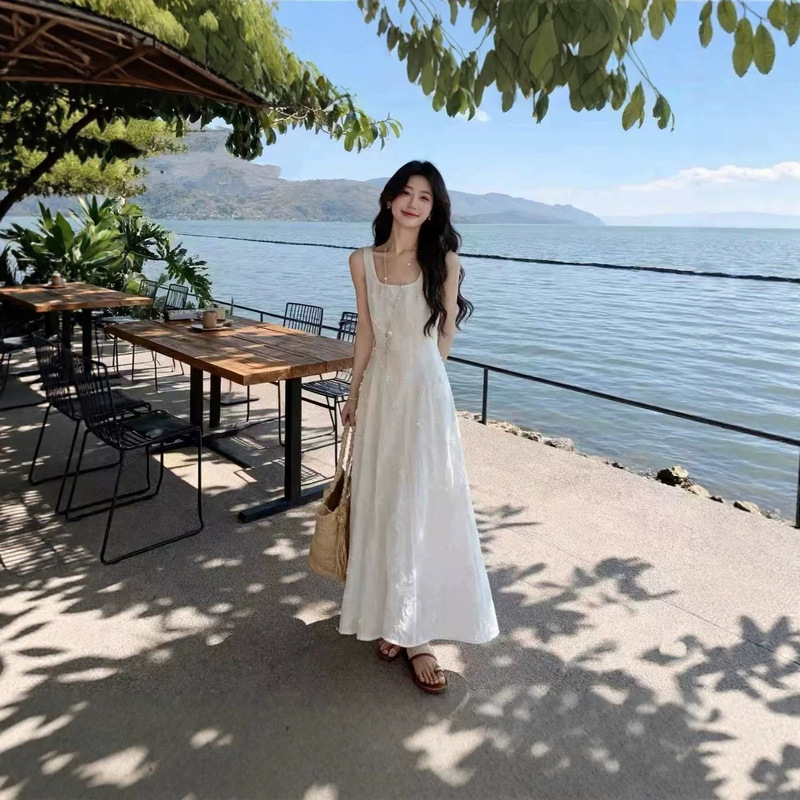 2026 New Model: Luxurious French-style U-neck Dress with Full-Body Three-Dimensional Embroidery, White Wide-Shoulder Strap Long Dress