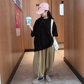 女童宝宝韩版纯色套装中大童夏季新款洋气破洞短袖束脚长裤两件套