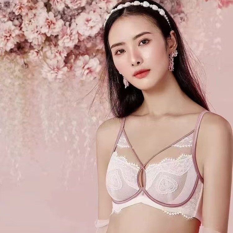 Q40 여름 섹시한 속눈썹 레이스 속옷 여성용 메모리 티타늄 링 지지대 큰 가슴 작은 브래지어 세트 얇은