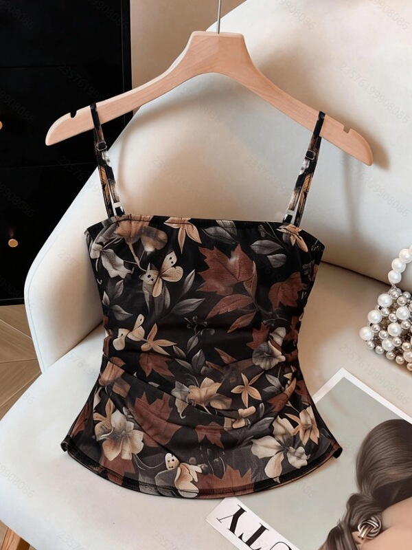 Women's New Summer Fashion Versatile and Elegant Mesh Floral Print Pleated Design Camisole Women's New Summer Fashion Versatile and Elegant Mesh Floral Print Pleated Design Camisole