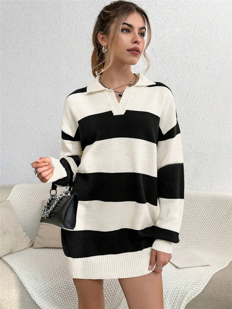 Autumn Winter Contrast Color Stripes Loose Slimming Knitted Woolen