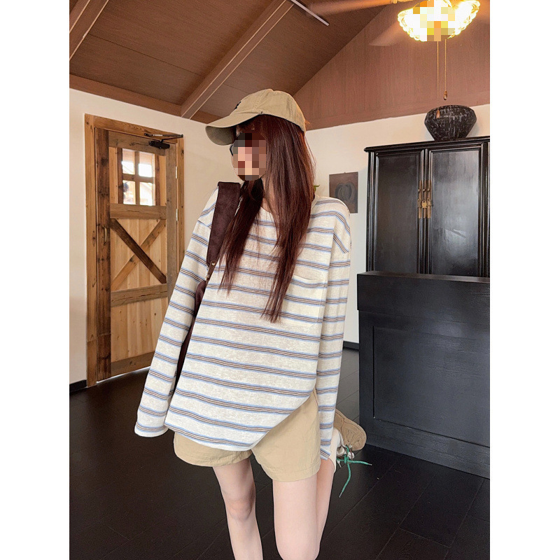 Can Add Embroidery and Print on Original Color-Woven Stripes, American Retro Color-Blocking Striped Long-Sleeve T-Shirt for Women in Autumn