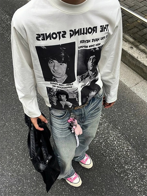 Cleanfit Retro Band Portrait Long Sleeve T-Shirt Men's Fall Premium Crewneck Sweatshirt Layering Underlayer Cleanfit Retro Band Portrait Long Sleeve T-Shirt Men's Fall Premium Crewneck Sweatshirt Layering Underlayer